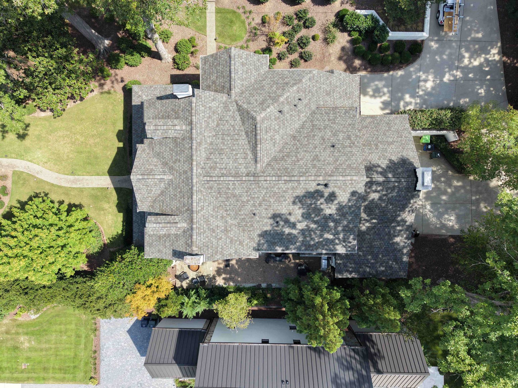 Roof Replacement by Emerald Roofing using Completed architectural shingle roof from above