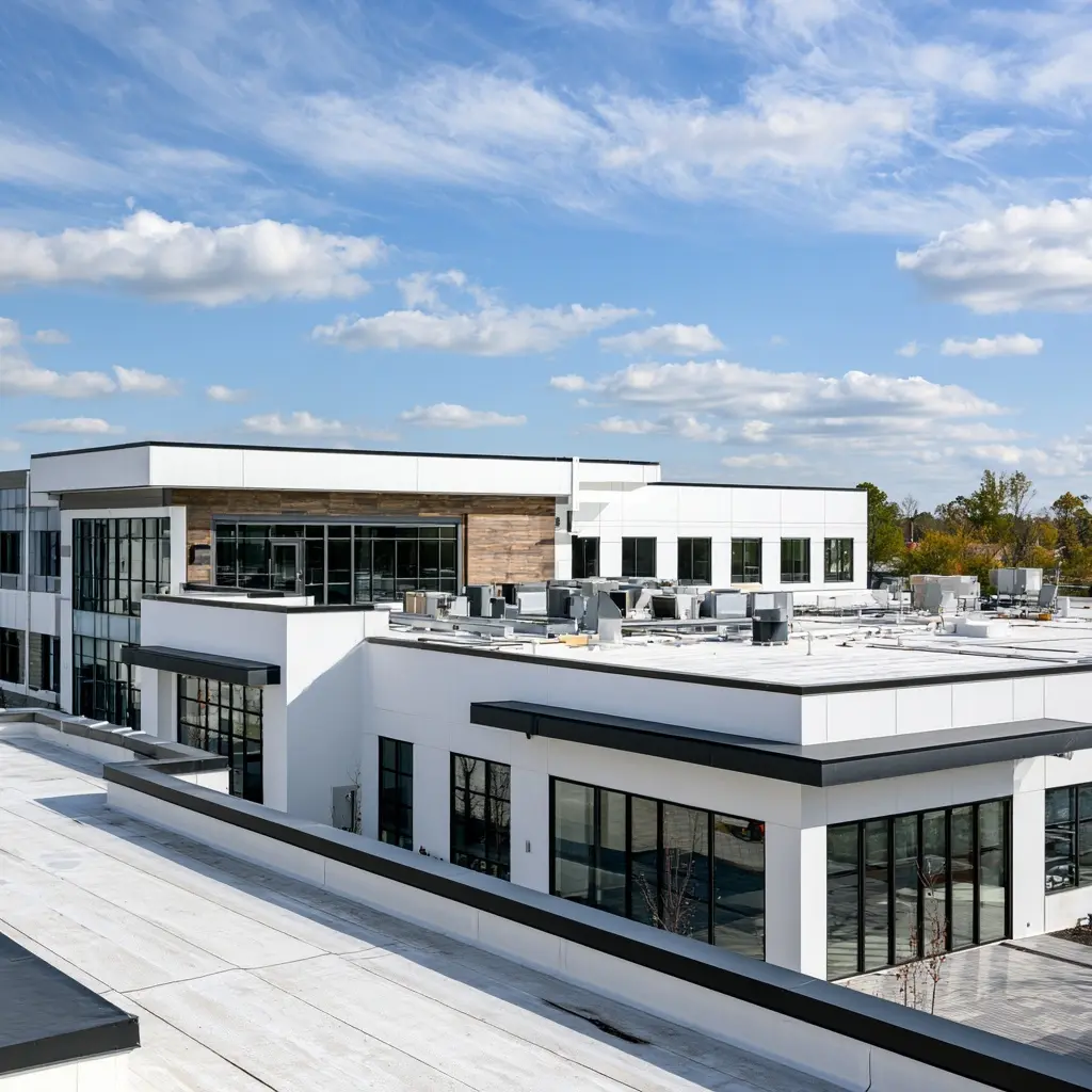 Modern commercial building with flat roof services in Raleigh NC